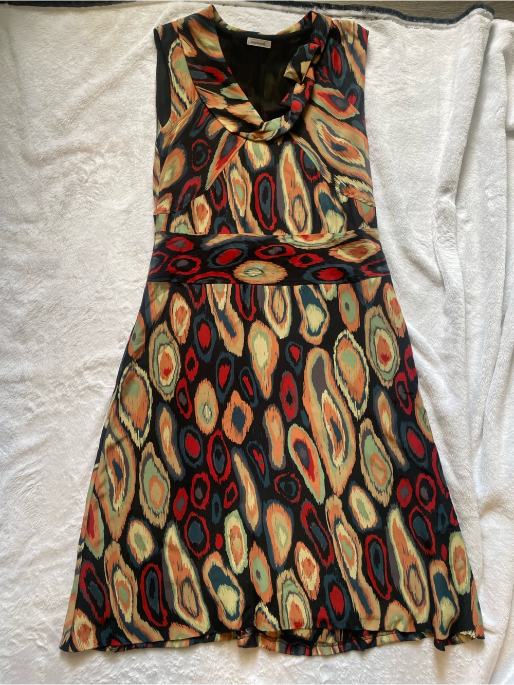 Cacharel 100% Silk Abstract Print Midi Dress 1960s Ikat Print Size FR/EU 40